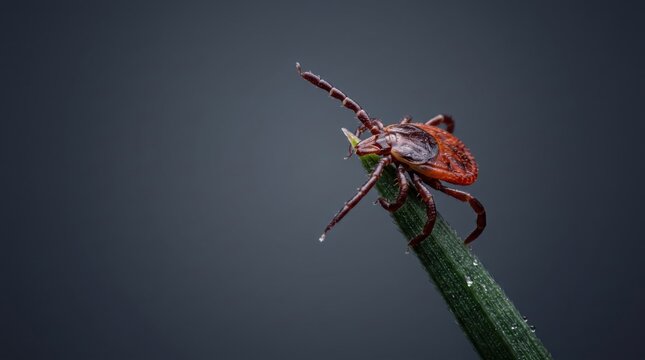Macro shot of ixodid tick on green grass blade close up warning signs of lyme disease and encephalitis vector in spring medical safety concept
