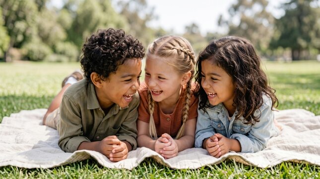 Close up of cheerful multiethnic children lying on blanket in summer park laughing together, diverse young friends enjoying happy childhood and friendship
