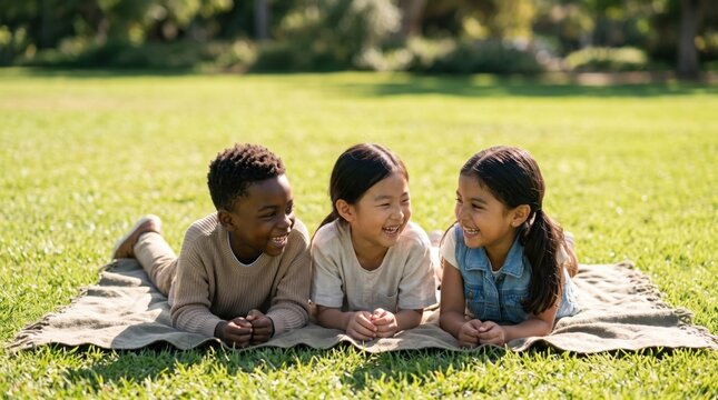 Happy diverse multiethnic children lying on blanket in sunny park lawn laughing together in summer fun friends friendship diversity multicultural school kids