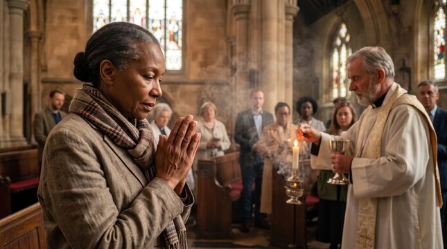 Devout christian woman folded hands praying peacefully at sunday holy communion mass service in gothic cathedral with catholic priest burning incense