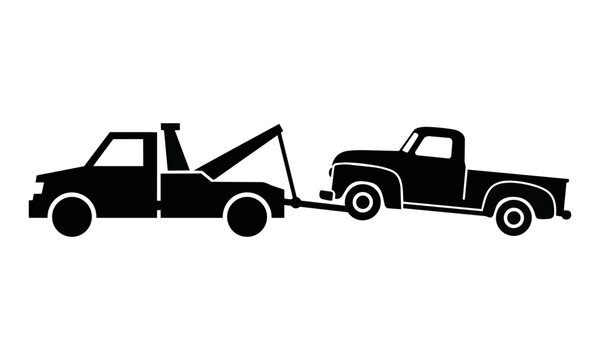 Minimalist black silhouette of a modern tow truck towing a vintage pickup truck isolated on white. Roadside assistance service concept