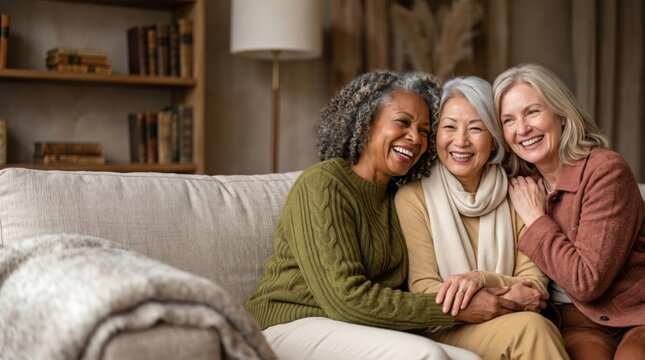 Diverse senior women smiling together on sofa at home, happy multiracial elder female friends bonding, retirement lifestyle and support