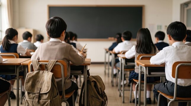 Elementary school students sitting at desks in classroom looking at blackboard, back to school education concept view from behind