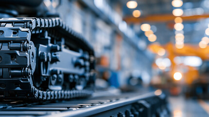 Fototapeta premium Close-up view of a tracked vehicle showing its undercarriage and suspension parts in a machinery workshop during daylight, industrial engineering concept, with copy space