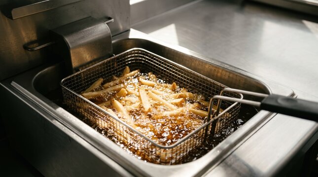 French fries frying in boiling hot oil inside metal wire basket of commercial deep fryer, close up of fast food preparation process in restaurant kitchen