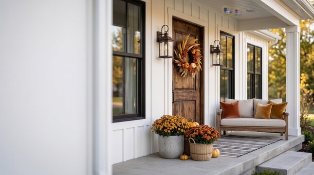 Modern farmhouse front porch decorated for fall with comfortable outdoor sofa pumpkins and bright orange flowers