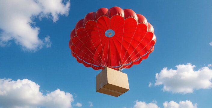 Bright red parachute carries cardboard box through sunny blue sky with white clouds. Parcel drops from air representing fast shipment logistics humanitarian relief emergency supply delivery concept.