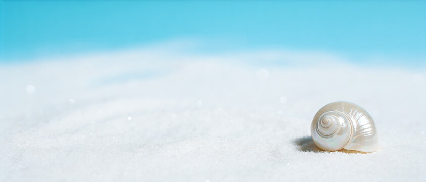 White spiral seashell lies on clean sand against a bright turquoise sea, conveying a summer vacation atmosphere.