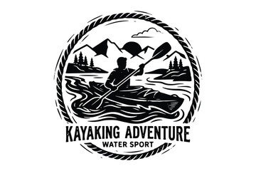 Kayaking adventure water sport emblem featuring rower on mountain lake, kayaking © Sadek
