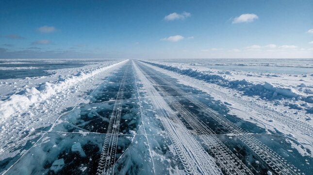 Ice road stretches across frozen Mackenzie River in Canada. Cleared winter path features tire tracks on thick surface under bright blue sky. Vast remote landscape shows expansive wilderness during
