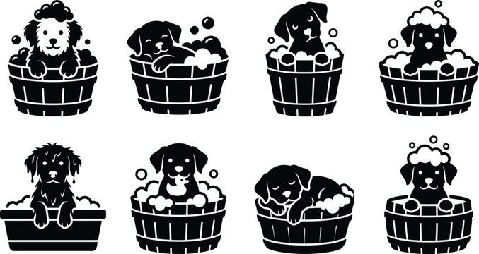 Puppy Grooming Wooden Tub Bath Silhouette Collection,  Dog Care Vector Icons Isolated on White