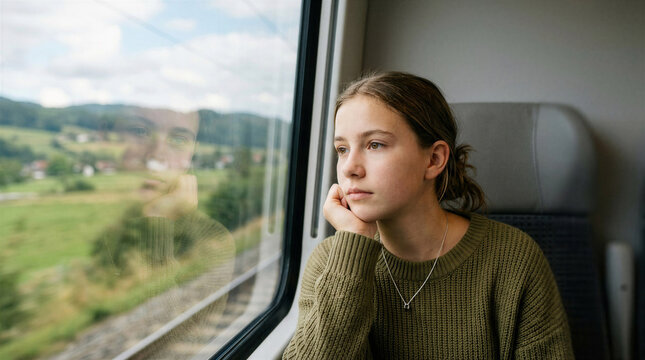 Young woman gazing out of train window while traveling through countryside  