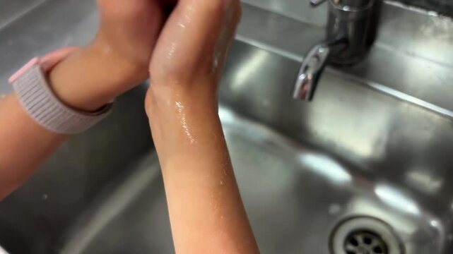Extreme close-up of child lathering and washing soapy hands with foam under running water in stainless steel sink