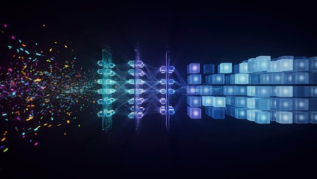 Data cubes organize digital information flow into a structured network across a dark futuristic background space.
