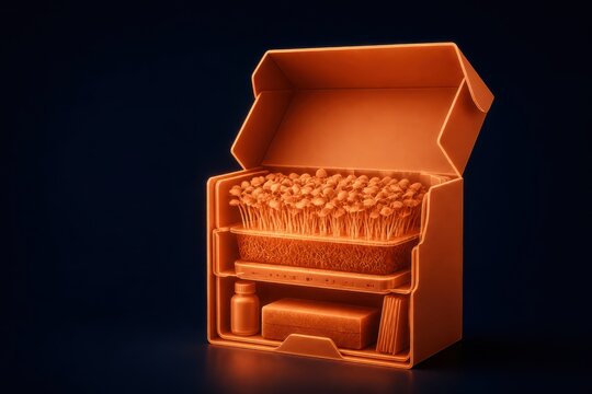 Orange mushroom kit box with copy space in 3D render