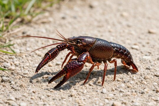 Red swamp crayfish Procambarus clarkii walks on gravelly ground. This aquatic crustacean with claws is native to southern US. It is known as invasive species.