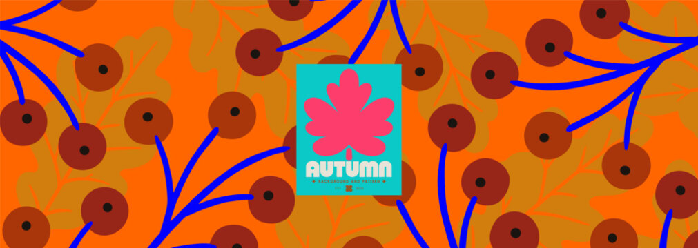 Autumn pattern with stylized berries, oak leaves and vivid blue branches on orange for fabric, abstract wallpaper, packaging, wrapping and seasonal background