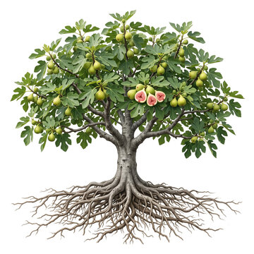 Adriatic Fig tree, mature full tree bearing light green Adriatic figs with pink flesh, exposed visible roots, 11 ratio, isolated on seamless pure white background