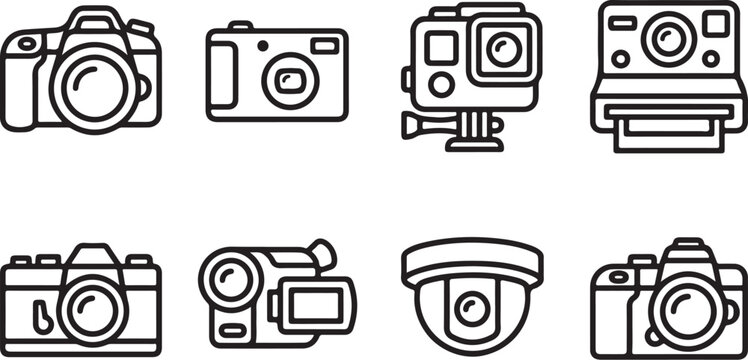 Eight types of cameras icon set illustration
