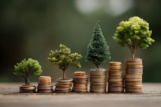 Trees growing on stacks of coins, symbolizing financial growth and investment. The coins are stacked in ascending order, representing increasing wealth, and the trees are small saplings on the left.