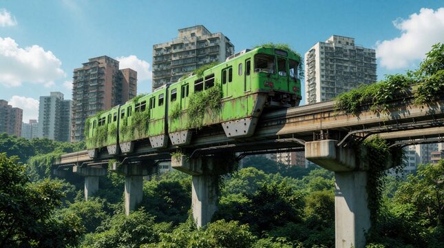 Abandoned green monorail train overgrown with plants on elevated track in a city. Buildings rise in background above rich green trees and jungle.