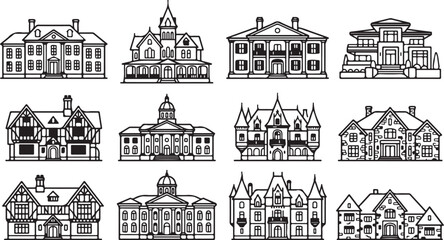 Twelve vintage architectural house styles illustration © tarik