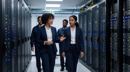 Fototapeta premium Pro female managers walk through data center server aisle. Diverse corporate tech team discusses cloud computing infrastructure project. Specialists maintain network equipment rack hardware. Expert