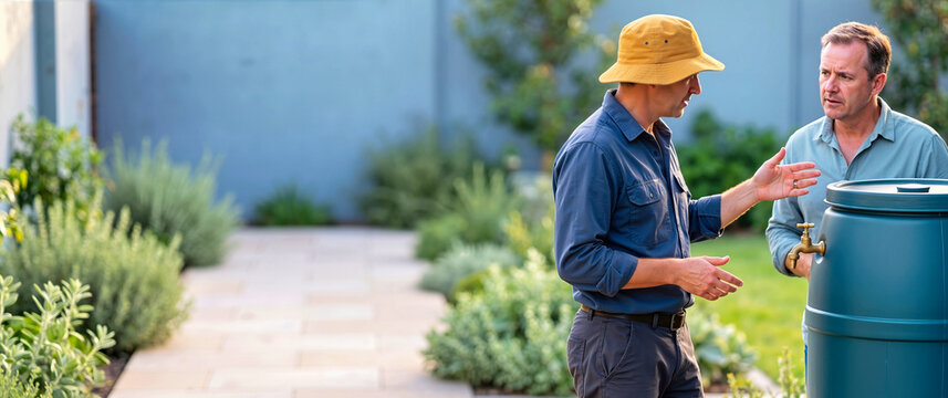 Garden consultant in yellow hat explaining rainwater collection barrel to a client in a backyard. Sustainable water conservation, eco friendly gardening and landscaping consultation banner