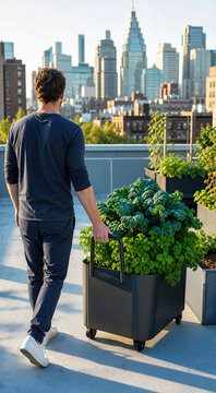 Rear view of a male gardener pulling a wheeled mobile planter filled with fresh kale and parsley on a sunny rooftop. Urban farming, rooftop garden, and city skyline background with skyscrapers