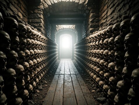 Dark underground corridor lined with stacked human skulls creates eerie passage. Ancient stone tunnel walls filled with skeleton remains lead toward bright light entrance. Grave memorial path