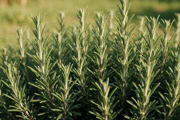 Fototapeta premium Fresh green rosemary branches grow in garden. Fragrant herb leaves used for cooking seasoning and aromatherapy. Mediterranean plant provides fresh flavor.