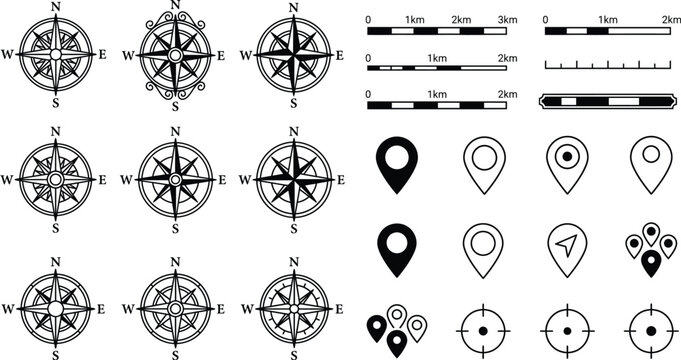 Topographic Cartography Map Element Vector Kit Compass Scale Bar Map Markers