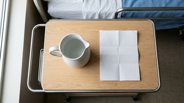Ceramic water pitcher beside a folded consent form on a pre-op bedside table
