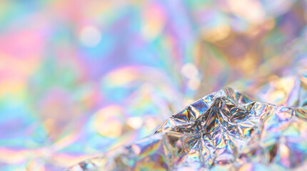 Fototapeta premium Shiny crumpled holographic foil texture with iridescent pastel rainbow colors and soft bokeh background