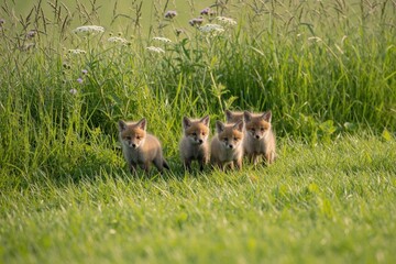 Fototapeta premium Group of four baby red foxes standing in tall green grass. Small furry siblings stay together in meadow during summer day. Wild animals look around with curiosity in natural environment. Little