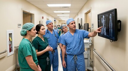 Naklejka premium Vascular surgical team confirming imaging results before beginning the procedure