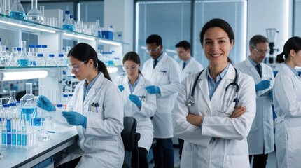 Fototapeta premium Diverse team of scientists works in medical laboratory. Happy female researcher stands in front colleagues conduct chemical experiments with test tubes. Professionals analyze pharmaceutical