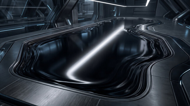 Futuristic laboratory with a dark liquid metal pool and glossy chrome reflection inside a sci-fi spaceship corridor