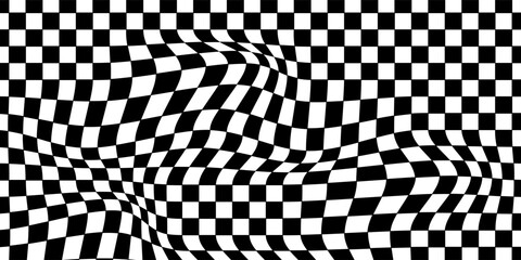 Obraz premium Trippy checkerboard background, wavy checker pattern, optical illusion. Vector seamless black and white swirl. Abstract distorted psychedelic texture, geometric ornament, monochrome chessboard print.