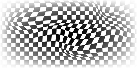Obraz premium Trippy checkerboard background, wavy checker pattern, optical illusion. Vector seamless black and white swirl. Abstract distorted psychedelic texture, geometric ornament, monochrome chessboard print.
