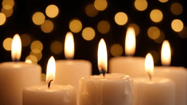 White burning candles with golden bokeh light background.
