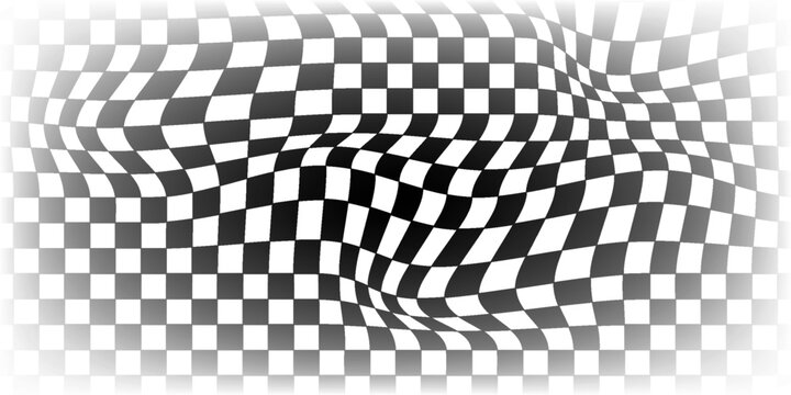 Trippy checkerboard background, wavy checker pattern, optical illusion. Vector seamless black and white swirl. Abstract distorted psychedelic texture, geometric ornament, monochrome chessboard print.