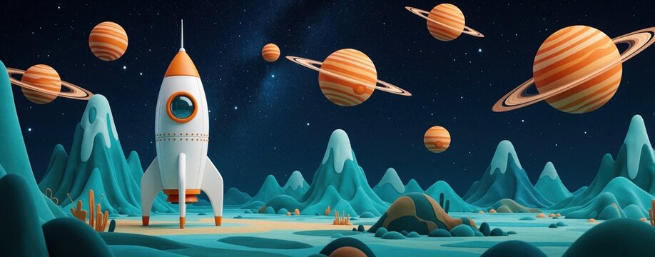 White rocket stands on alien planet with teal mountains, orange ringed planets in dark starry sky. Futuristic spaceship landing on distant world for space exploration mission. Minimal 3d design