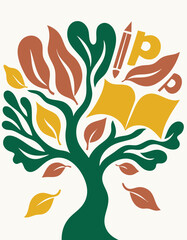 Fototapeta premium Minimalist flat vector illustration of academic tree with open books and autumn leaves on cream — stylish paper cutout graphic resource for school holiday banner and layout design