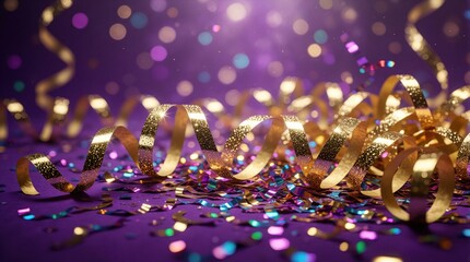 Obraz premium Gold ribbons curl on purple background with shiny confetti pieces. Festive sparkles glitter for holiday events. Bright party streamers decorate space for birthday anniversary carnival celebration.