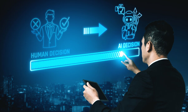 Human Decision Making Versus AI Decision Making with Visual Representations, Illustrating Contrast in Technology and Human Intuition for Stock Photo Use. Liminal.