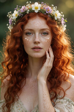 Beautiful young woman with long red curly hair wears flower crown. Girl with natural freckles on face romantic look. Female model looks like forest nymph celestial virgin zodiac sign. Person poses in