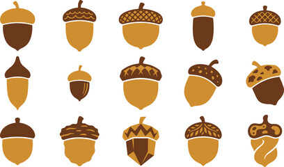 Collection of various acorn illustrations in different shapes and sizes isolated on a white background © MSTFateehaBinta
