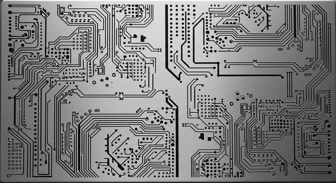 Intricate silver circuit board pathways showcase complex electronic network design, representing technological advancement and sophisticated engineering in a visually striking presentation that