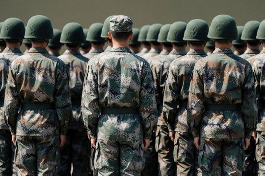 Soldiers in camouflage uniforms and helmets stand in formation. Military personnel faces away from camera, showing disciplined ranks. Army group prepares for drill or parade.